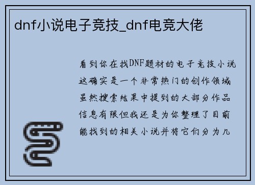 dnf小说电子竞技_dnf电竞大佬